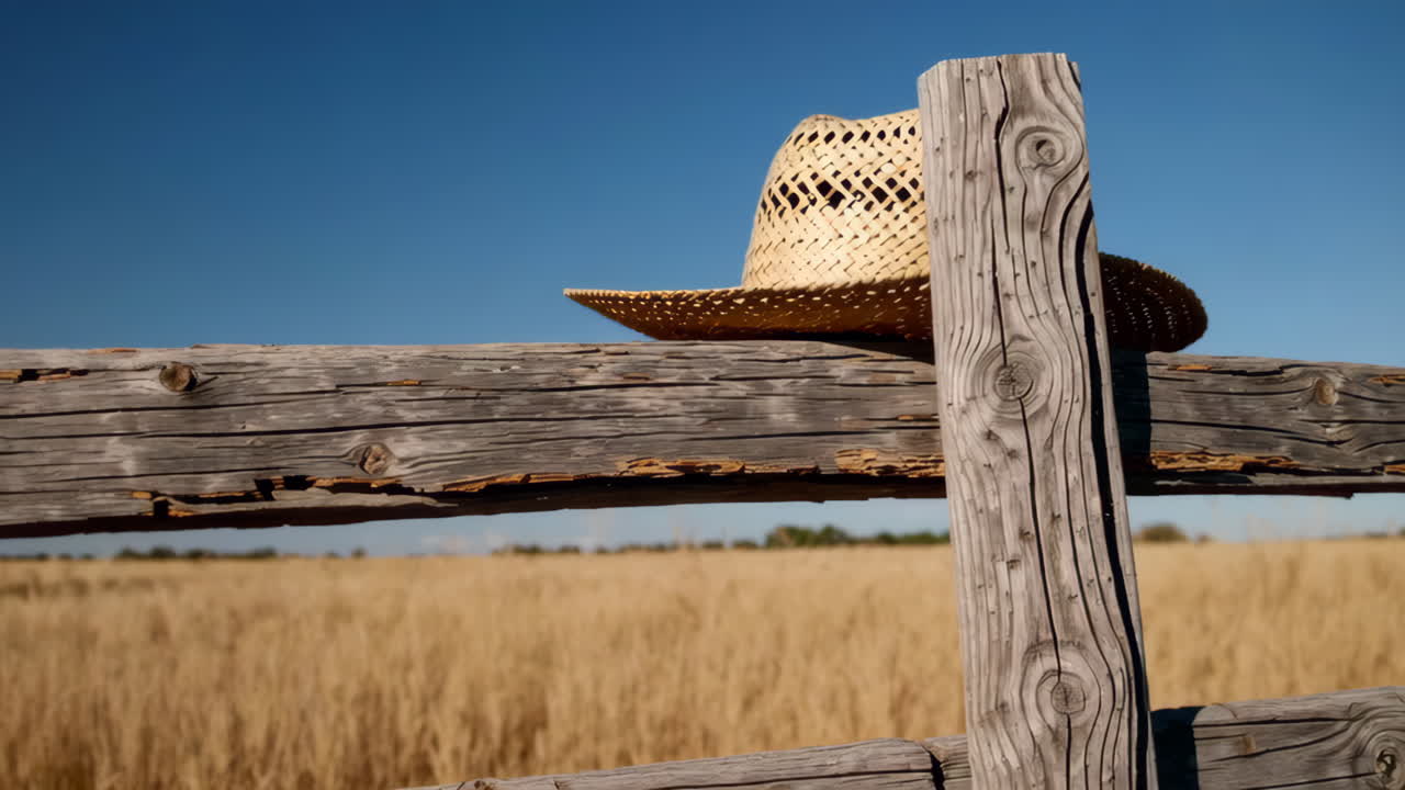 Straw Hat on a Wooden Fence in a Wheat Field