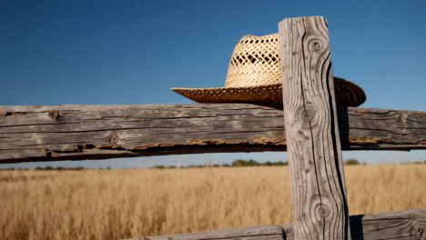 straw hat on a wooden fence in a wheat field