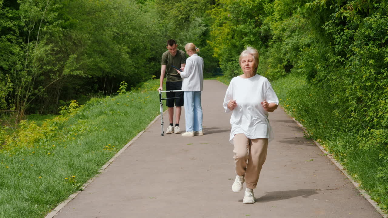 Eldre kvinne får hjelp mens hun går i en park