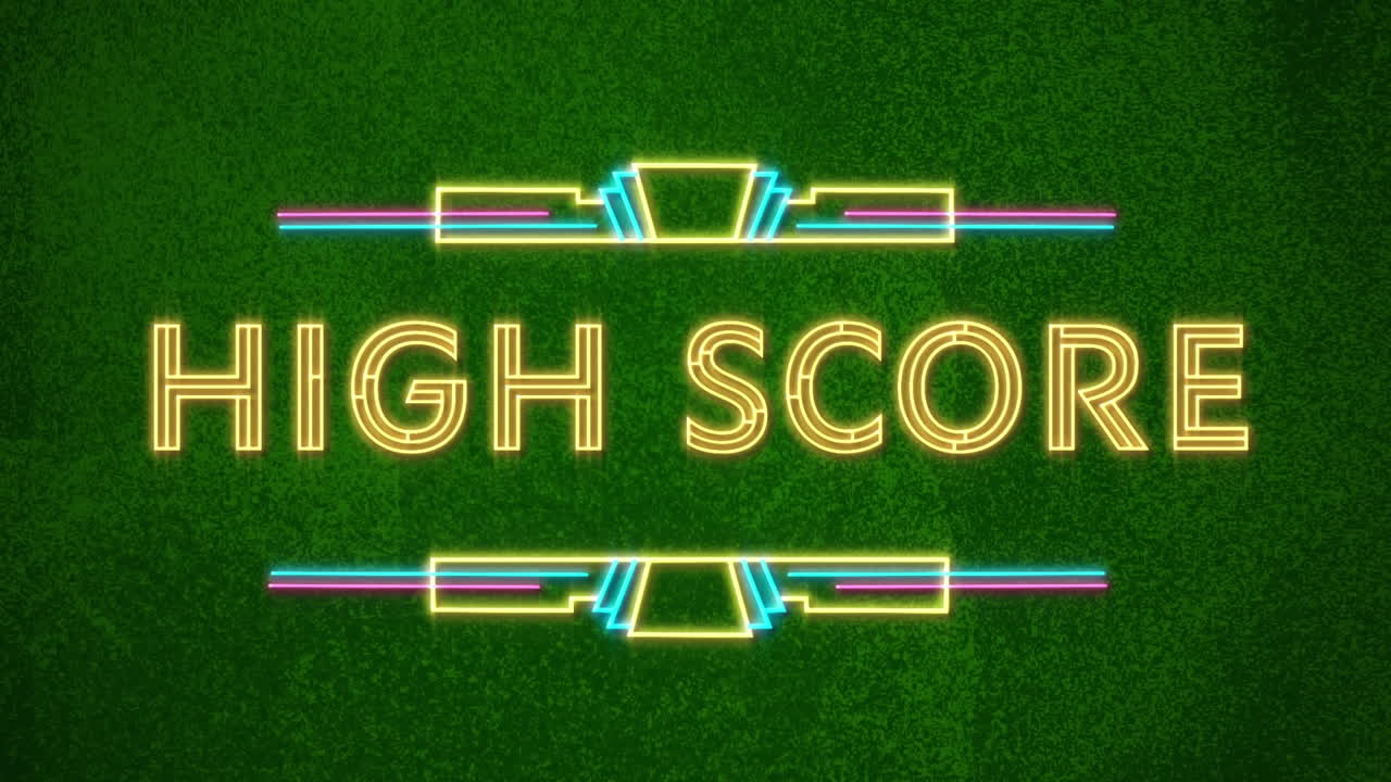 변화하는 초록색 그런지 배경에 대한 네온 하이 스코어의 디지털 애니메이션