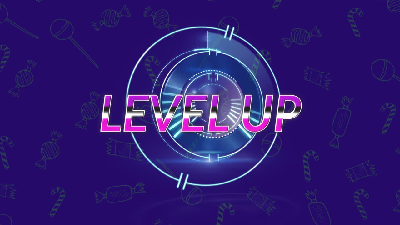 Animation of level up text over scope scanning and candy icons on blue background