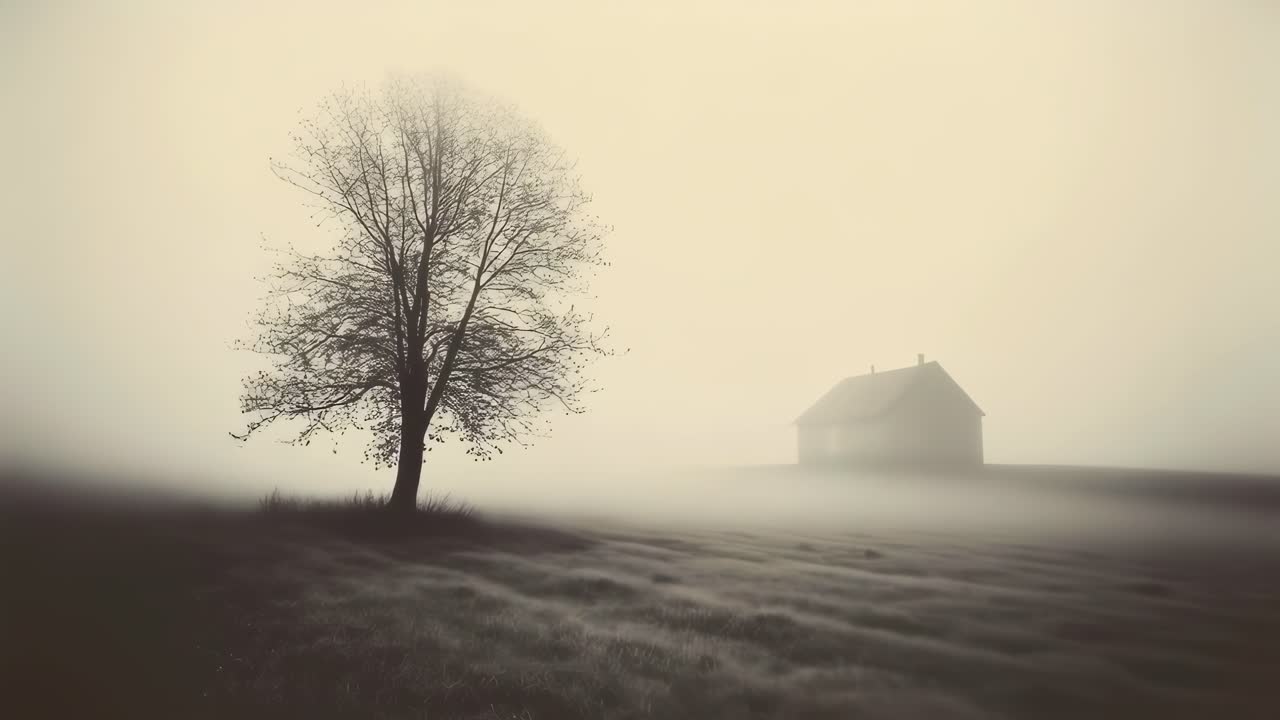 Sepia toned landscape revealing misty field with solitary bare tree and weathered house, fog gradually enveloping scenic countryside scene, creating moody atmospheric view