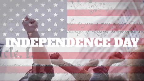 animation of independence day, united states constitution over diverse protestors raising hands