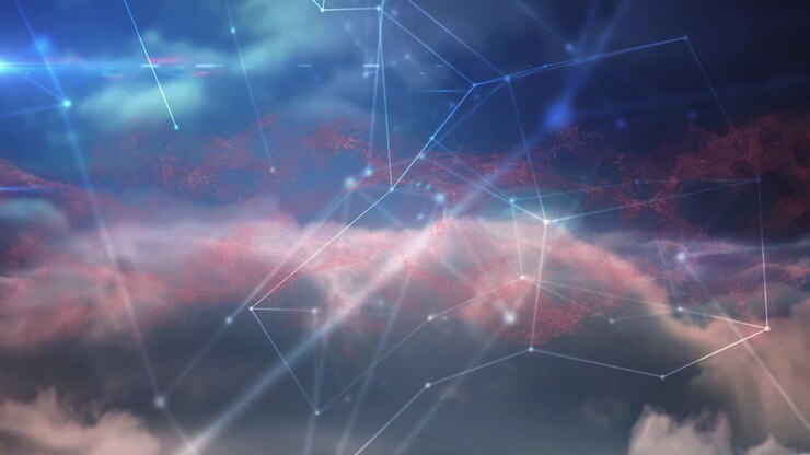 Animazione di una rete di connessioni su un cielo con nuvole