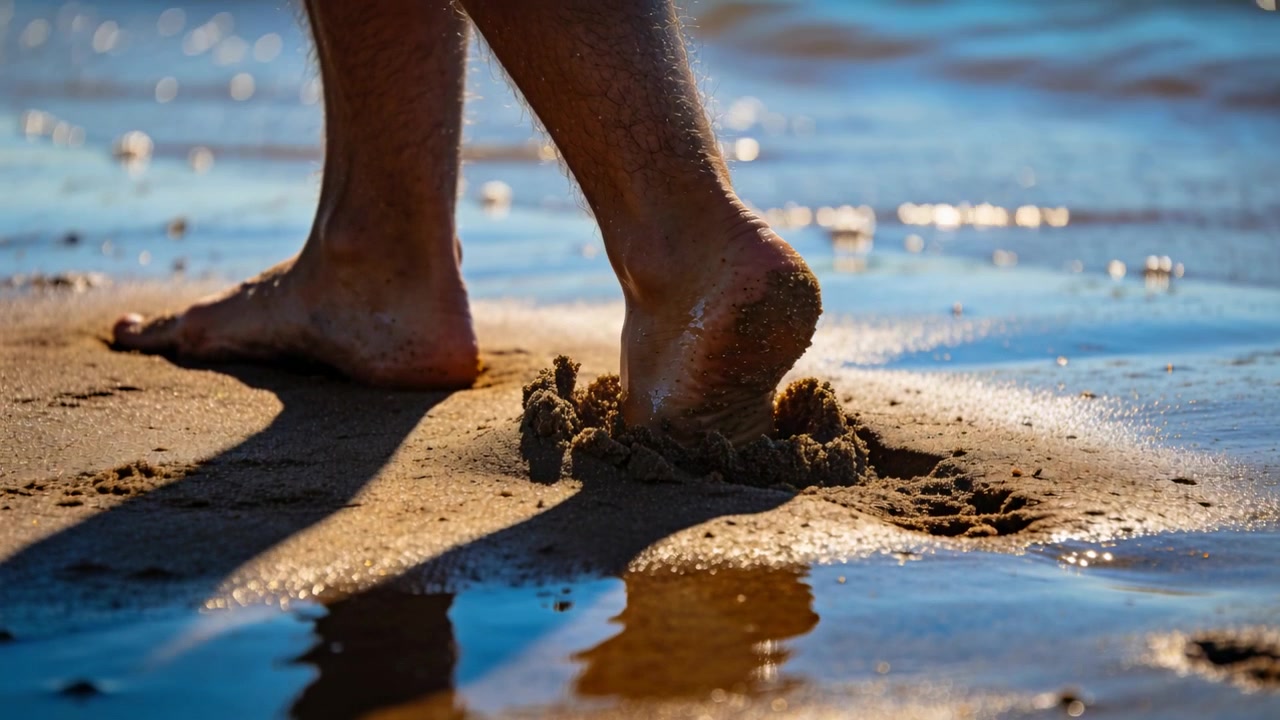 Persona che cammina a piedi nudi, spostando il peso, sollevando il piede dalla sabbia bagnata sulla battigia, con grumi di sabbia.