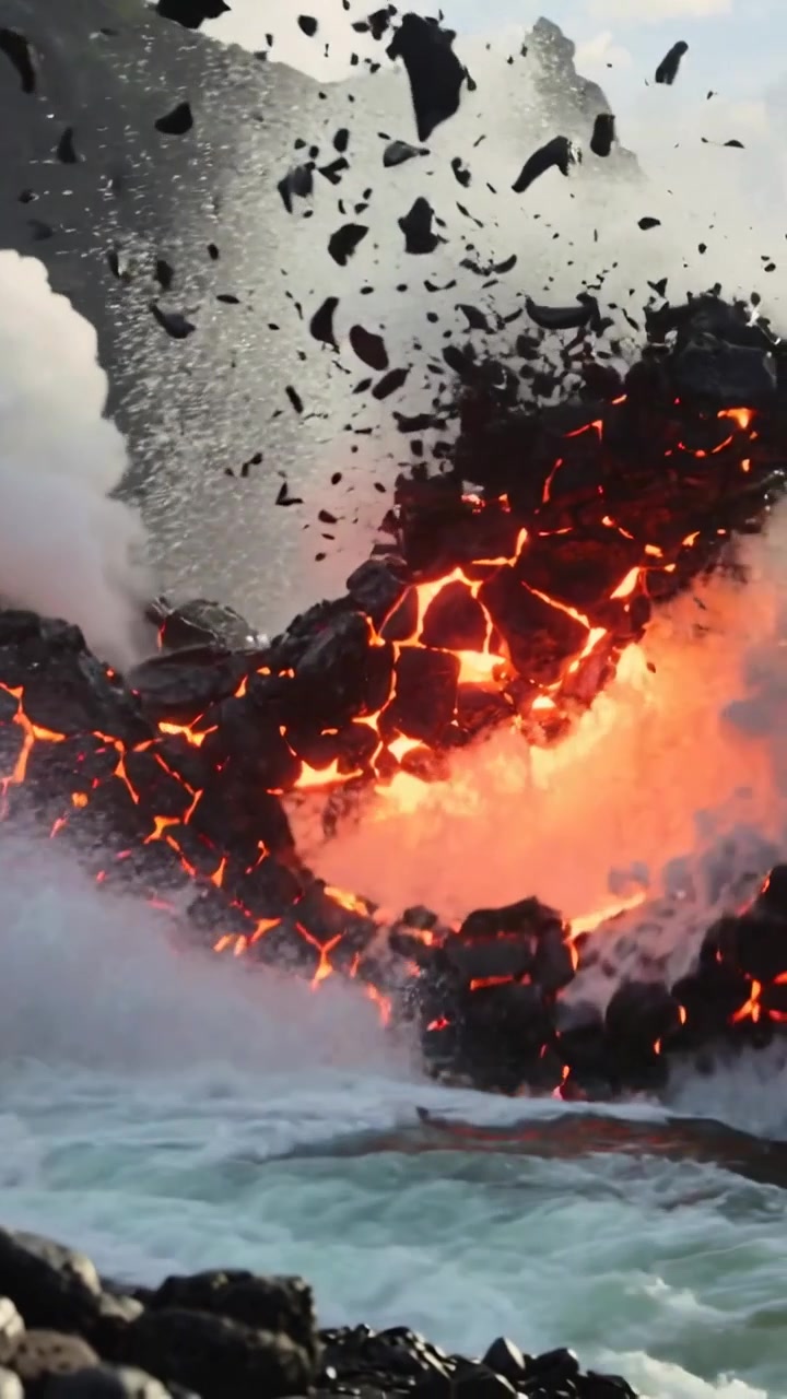 Vertical video: Striking ocean waves hitting lava margin at coastal shore, causing steam explosions