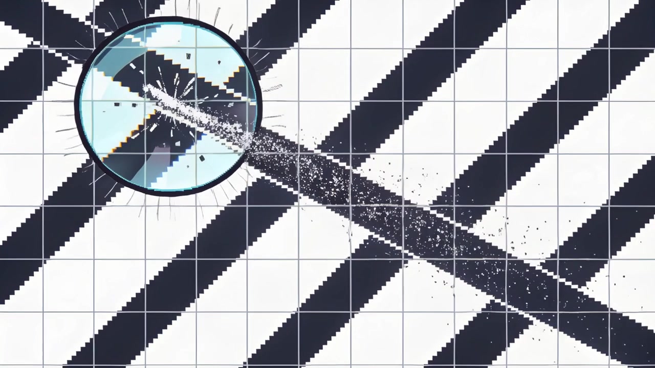 Eine rissige Lupe bewegt sich diagonal über ein gekacheltes Gitter und hinterlässt eine pixelige Trümmer-/Partikelspur.