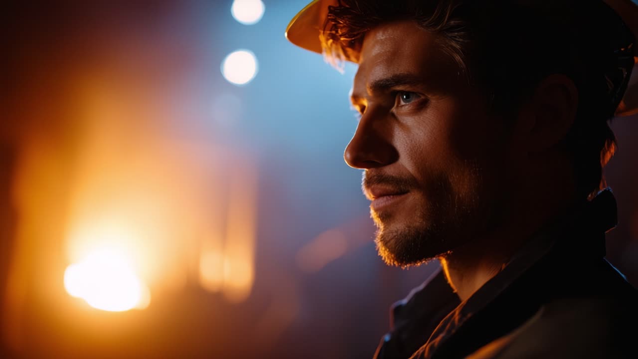 A focused young construction worker wearing a safety helmet, illuminated by warm light, showcasing determination and professionalism in a working environment