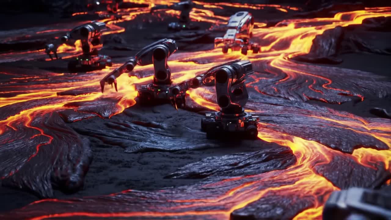 Advanced robotic arms navigate a molten landscape, demonstrating innovative technology in harsh environments with flowing lava and dynamic movements in this fascinating video