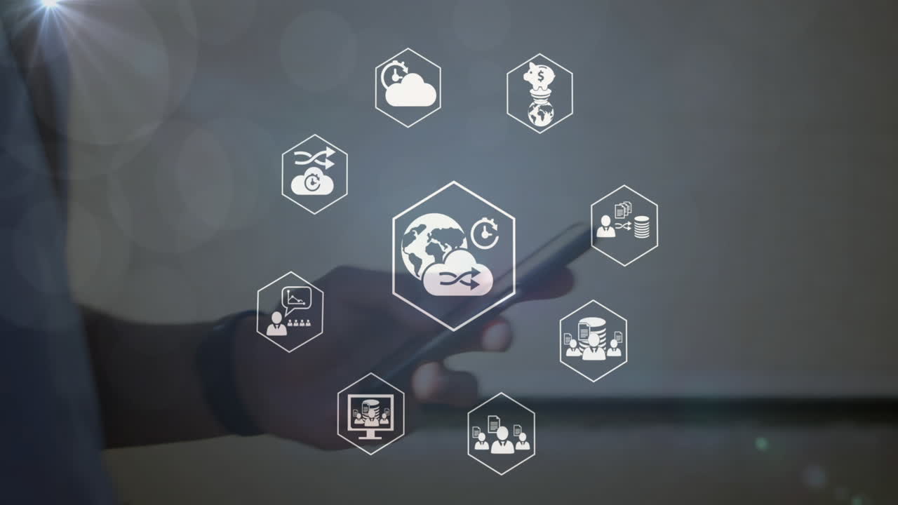 animación de la red de conexiones con iconos sobre el hombre usando un teléfono inteligente