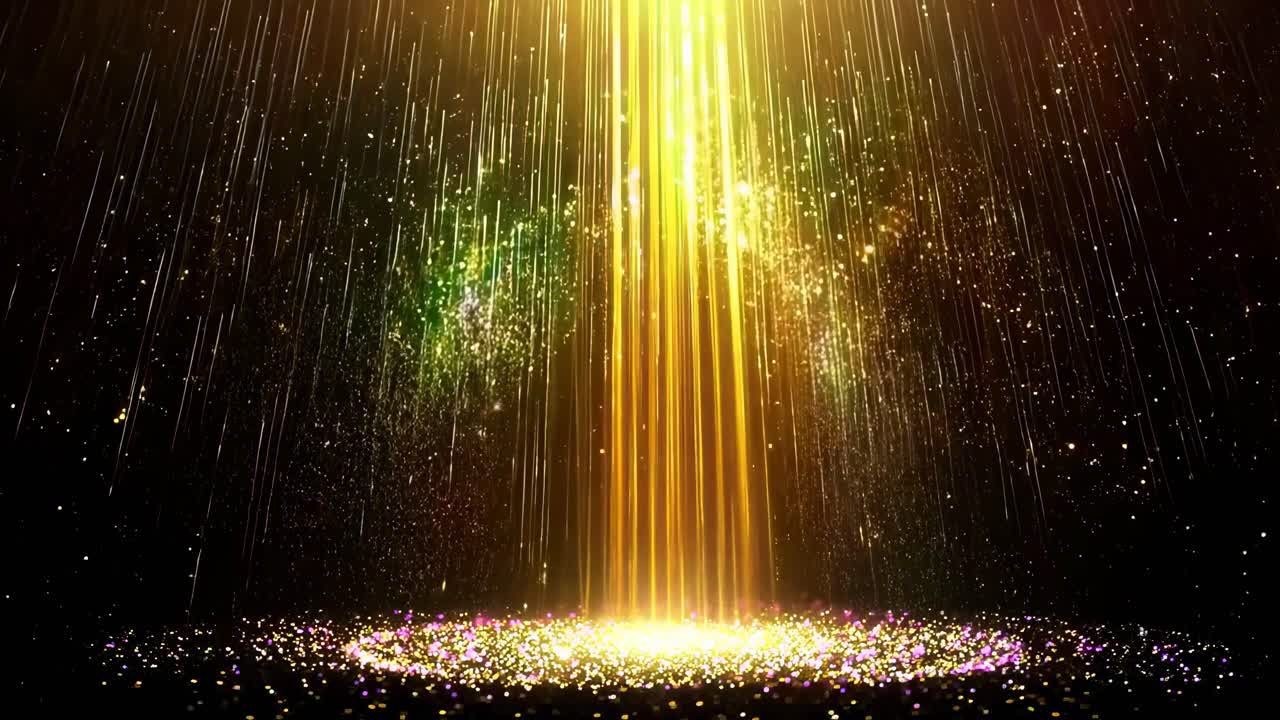 Aerial view of a golden light beam descending onto a glittering surface, creating a cosmic, ethereal