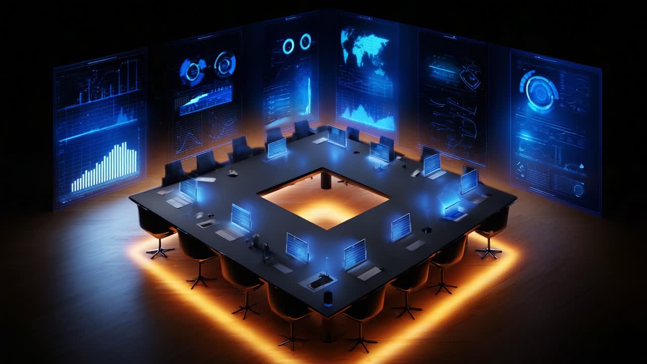 A Futuristic Conference Room Surrounded by Illuminated Digital Displays, Showcasing Data Analytics, Charts, and Graphs for Strategic Planning and Collaboration
