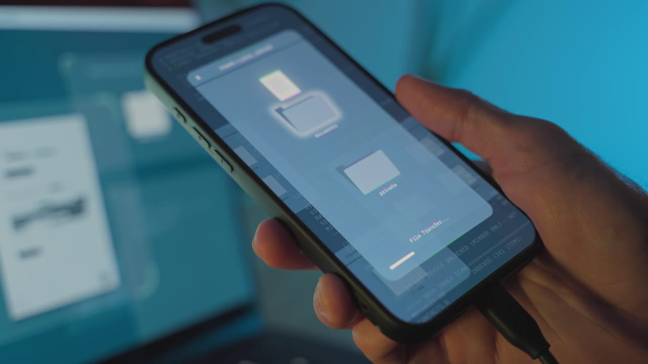 Hand holding smartphone connected by cable, transferring files or data with laptop in background. Data transfer, device connection, file syncing, data exfiltration, hacking, and cybersecurity concept