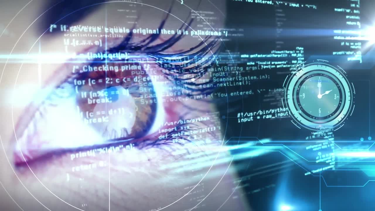 Animation of digital interface and clock over woman&amp;#039;s eyes