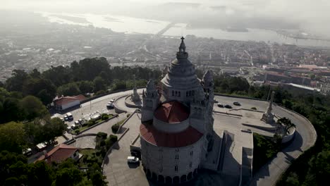 drone rotation around church of santa luzia on hilltop, viana do castelo