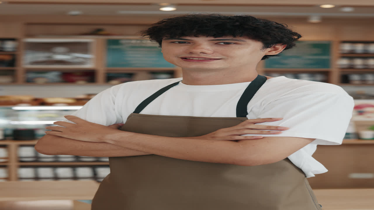 Man in apron standing in a cafe