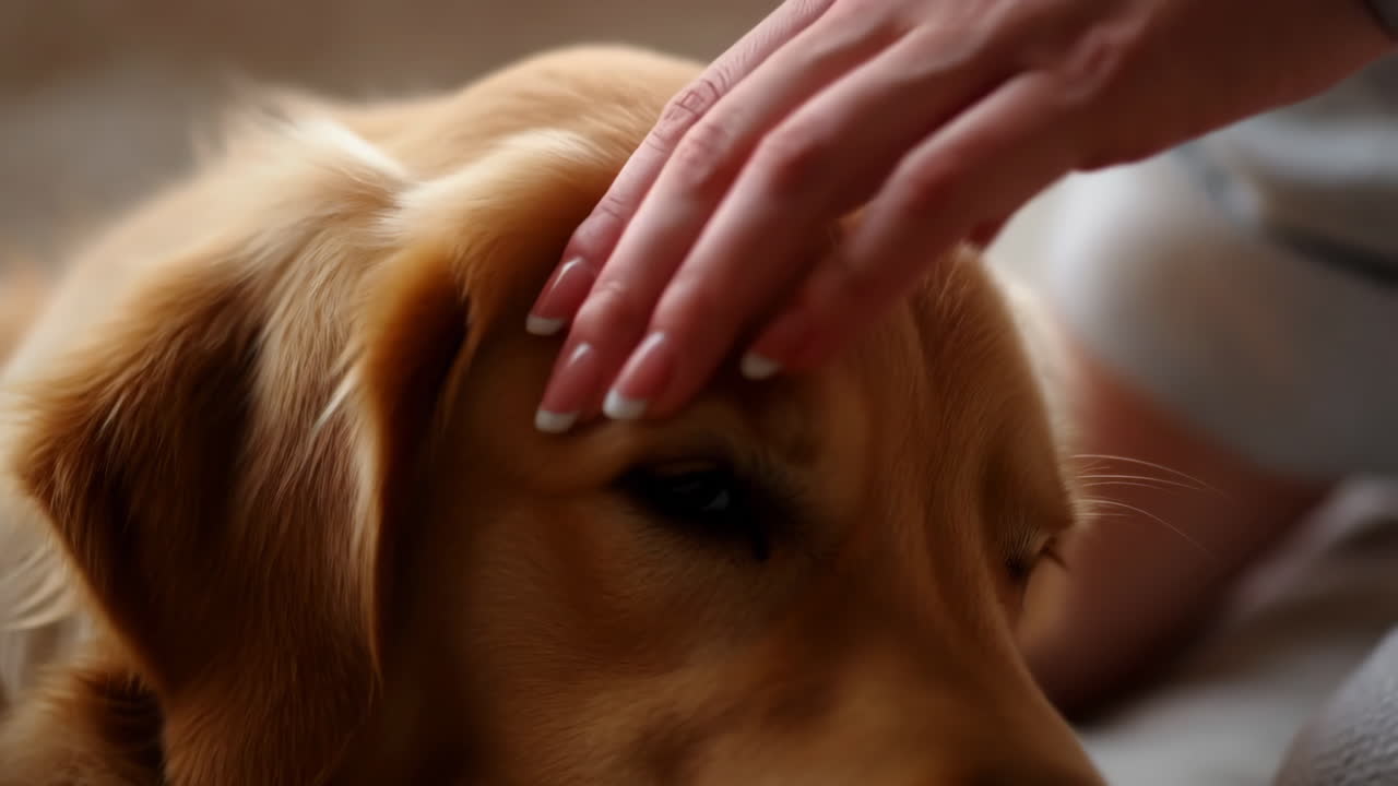 A Person Gently Petting a Golden Retriever