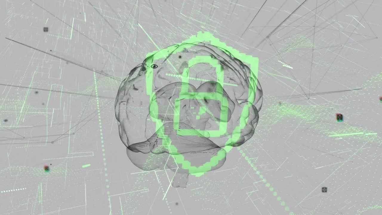 animación del cerebro sobre un candado digital sobre un fondo gris