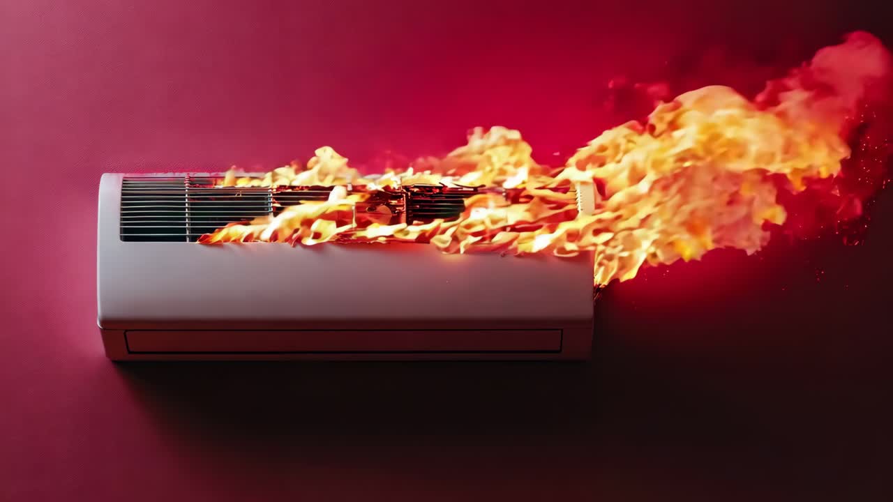 un aire acondicionado blanco en llamas sobre un fondo rojo