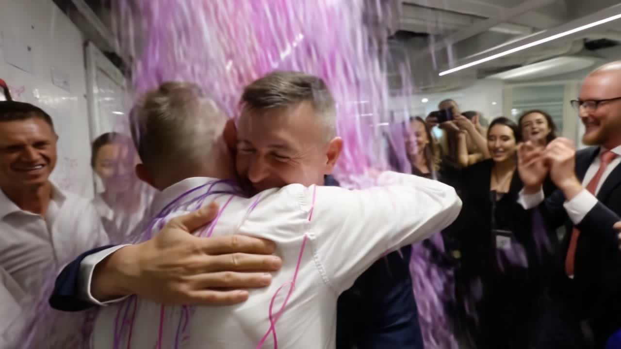 Celebratory Moment of Connection: A Heartfelt Embrace Captured Amidst a Vibrant Celebration Surrounded by Friends and Colleagues, Highlighting Joy and Success
