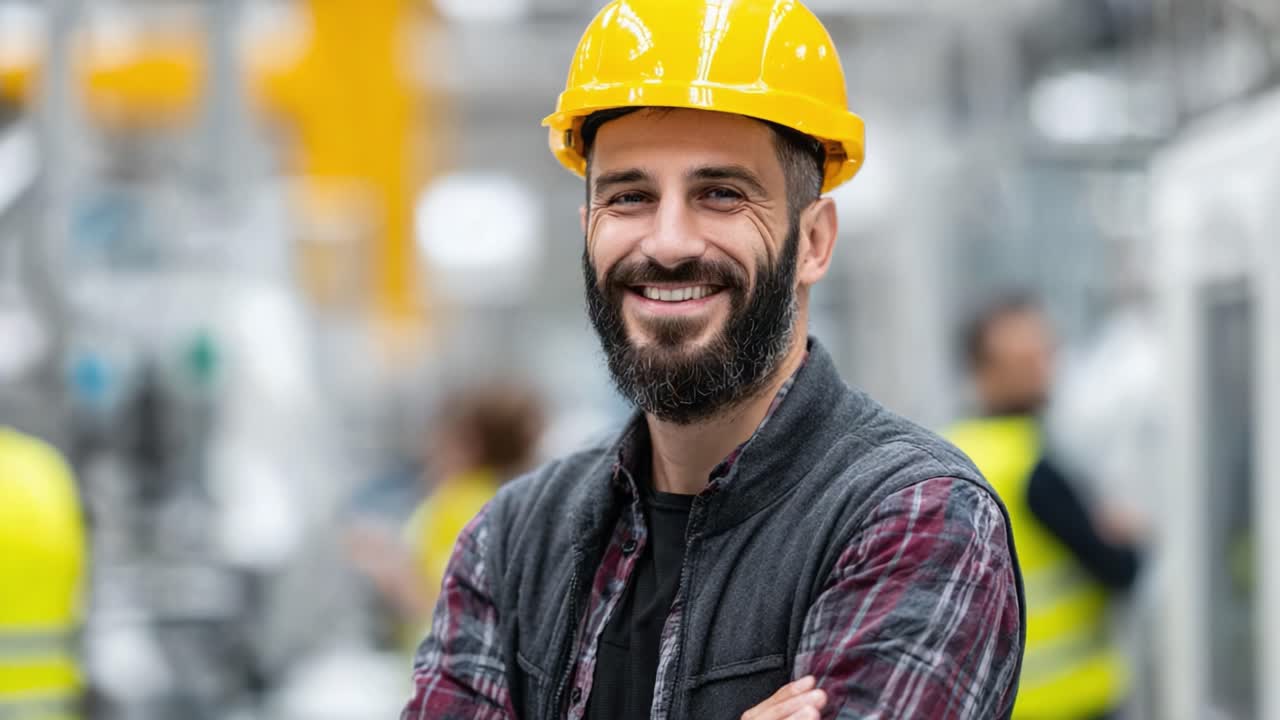 Confident Construction Worker in Safety Gear Smiling at the Camera, Showcasing Professionalism and Team Environment in Industrial Setting