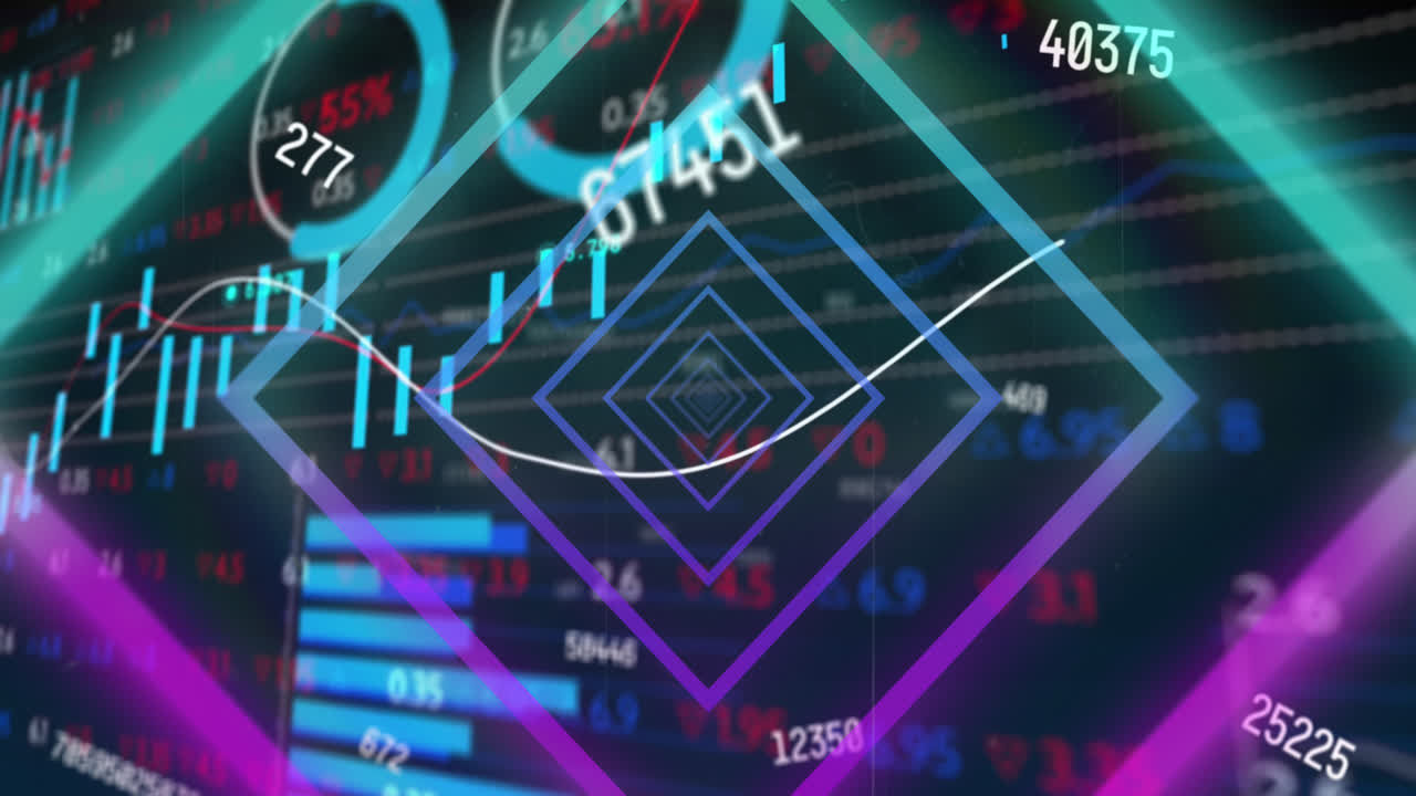 변화하는 숫자와 주식 시장 데이터 처리에 대한 원활한 패턴으로 네온 터널의 애니메이션