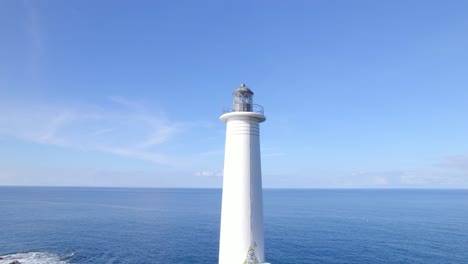 Drone-Aéreo-Orbitando-Alrededor-Del-Faro-Blanco-Con-Mar-Y-Cielo-Azul-En-El-Fondo,-Vieux-fort,-Guadalupe