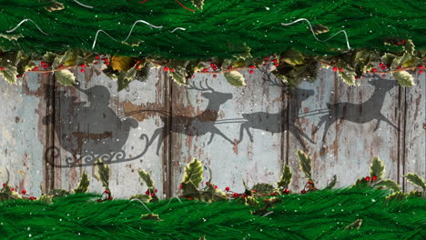 corona de navidad sobre santa claus en trineo siendo tirado por renos contra una tabla de madera