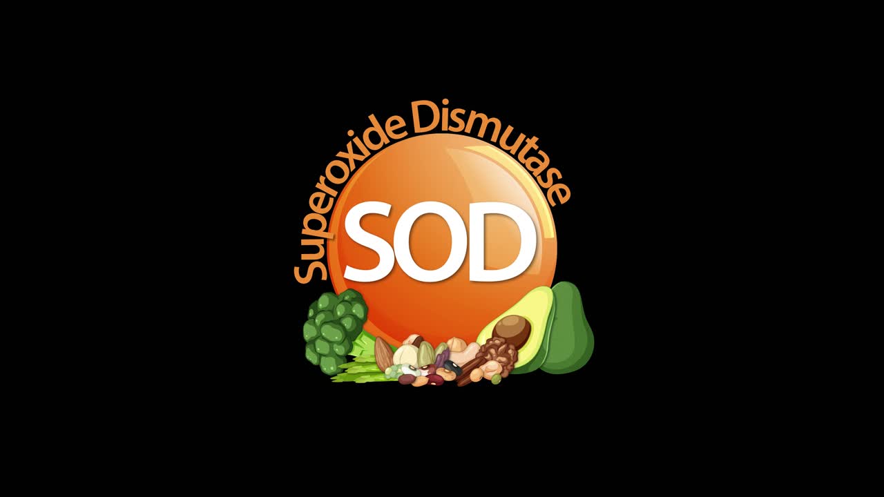 An orange SOD vitamin icon animates onto a black background, gradually surrounded by illustrated healthy foods, with smooth transitions and clear labeling