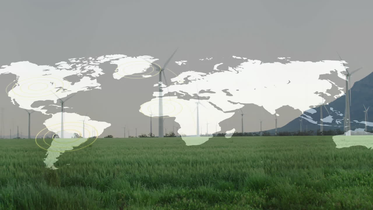 Wind turbine showing global data points overlaying green grass field in animated illustration