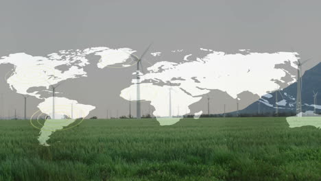 wind turbine showing global data points overlaying green grass field in animated illustration