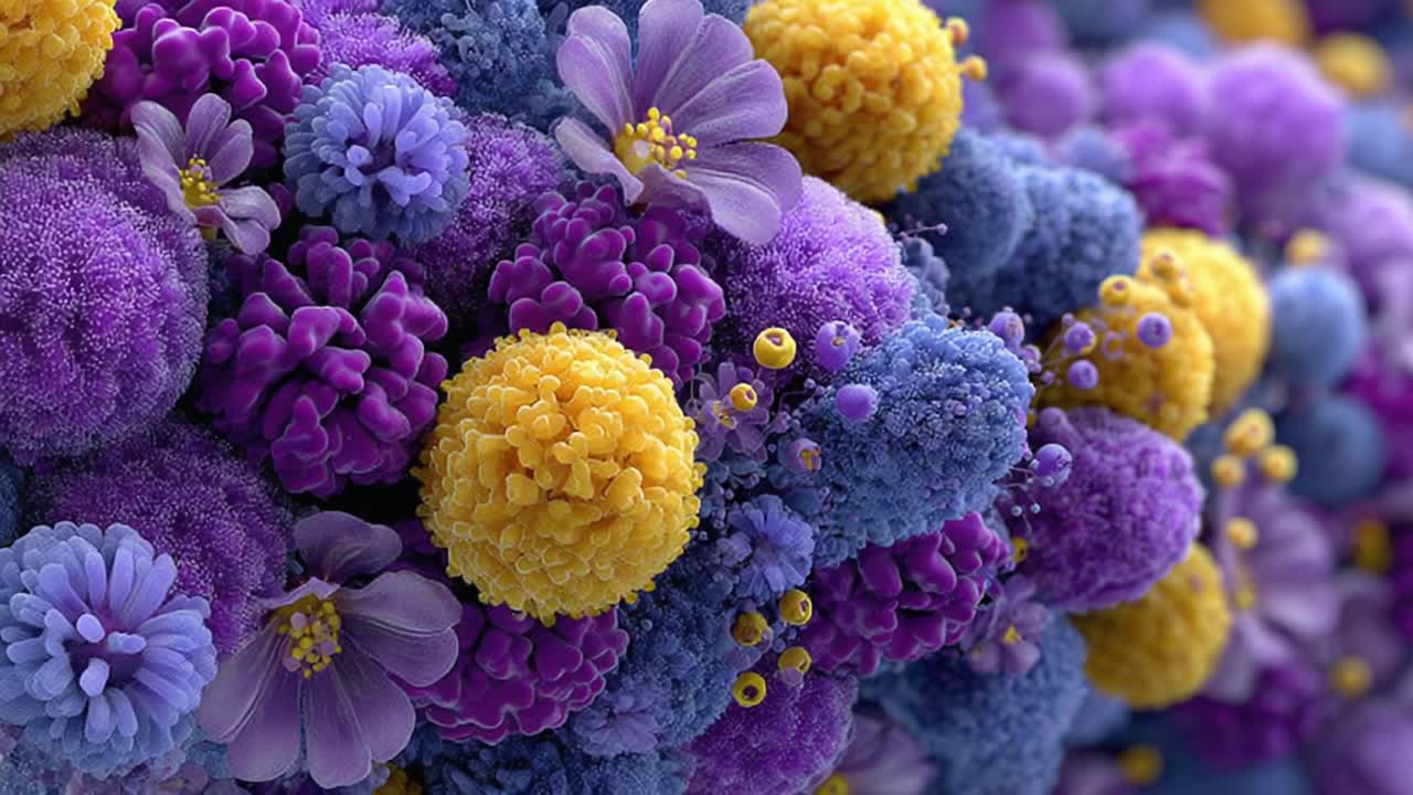 Uno straordinario primo piano di vivaci e colorati gruppi floreali che mostrano diverse texture e tonalità di viola, giallo e blu in una lussureggiante composizione botanica