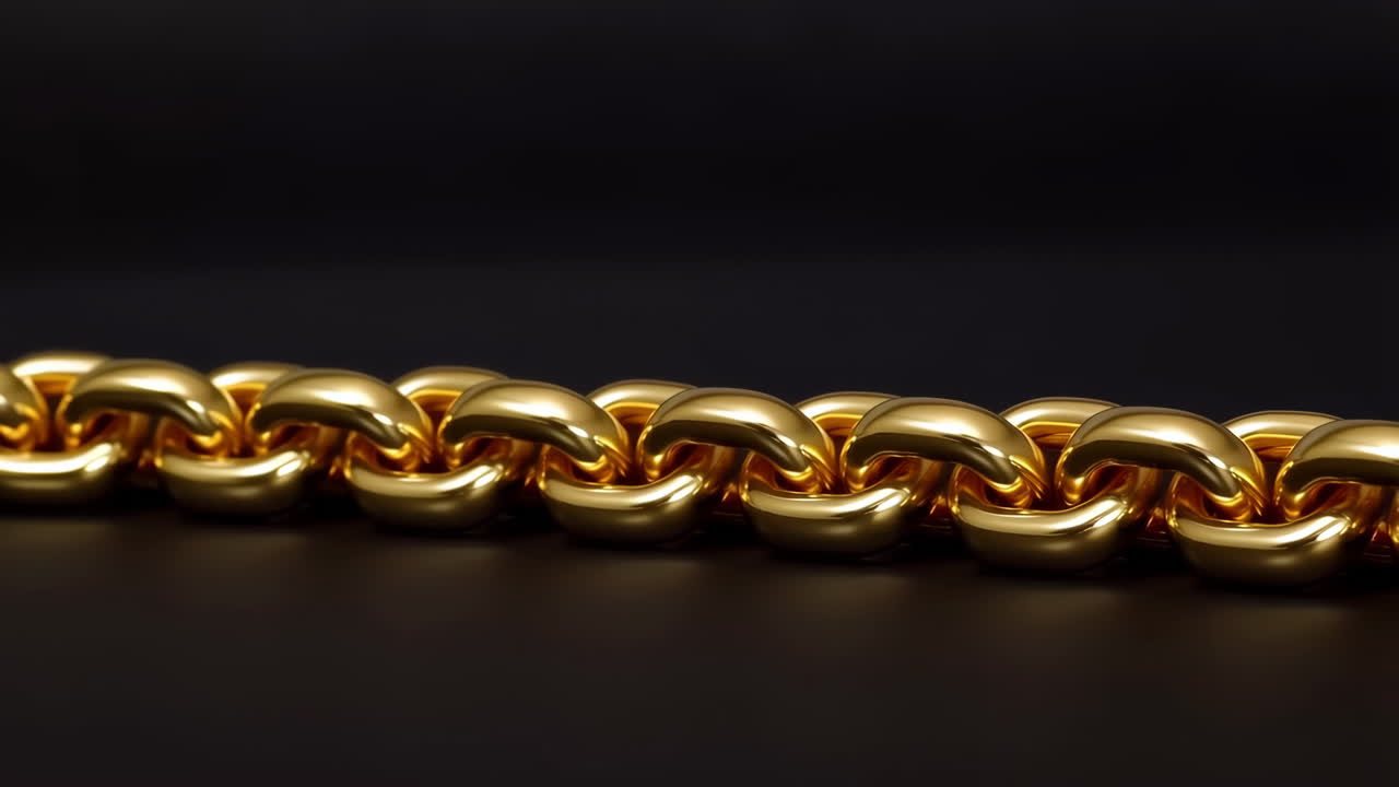 Primo piano di catena d'oro su sfondo nero, maglie lucide illuminate da studio che riflettono caldi bagliori, lisce e arrotondate