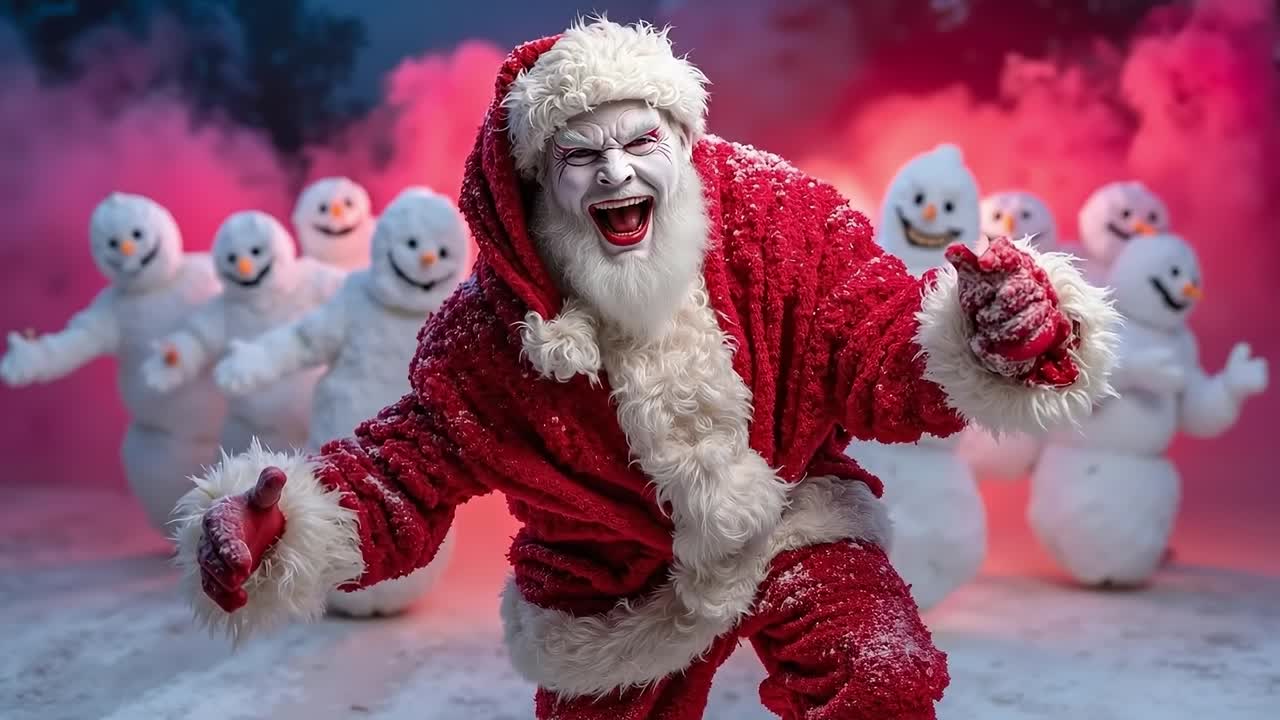 A man dressed as Santa Claus dancing in front of snowmen