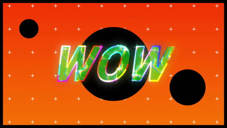 animation of wow text over black spots on vibrant patterned background