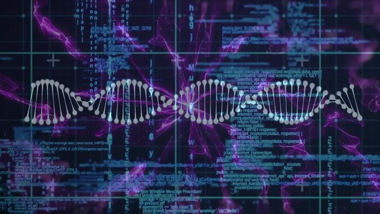 Animation of data processing over dna strand spinning