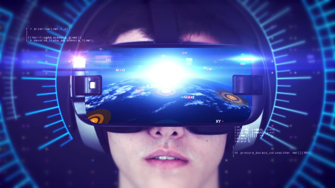 vr 헤드을 착용하고 3d 가상 현실을 경험하는 젊은이.