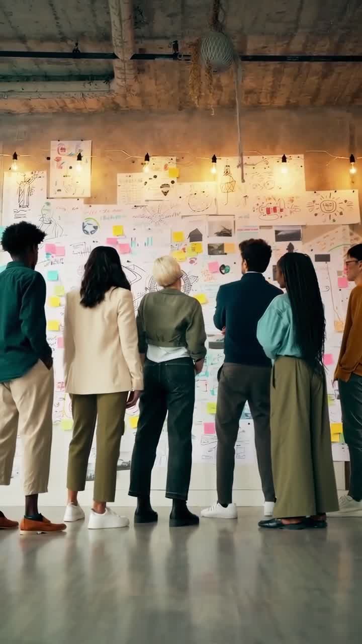 Video di un team creativo che esamina schizzi su una parete, ripreso dal basso