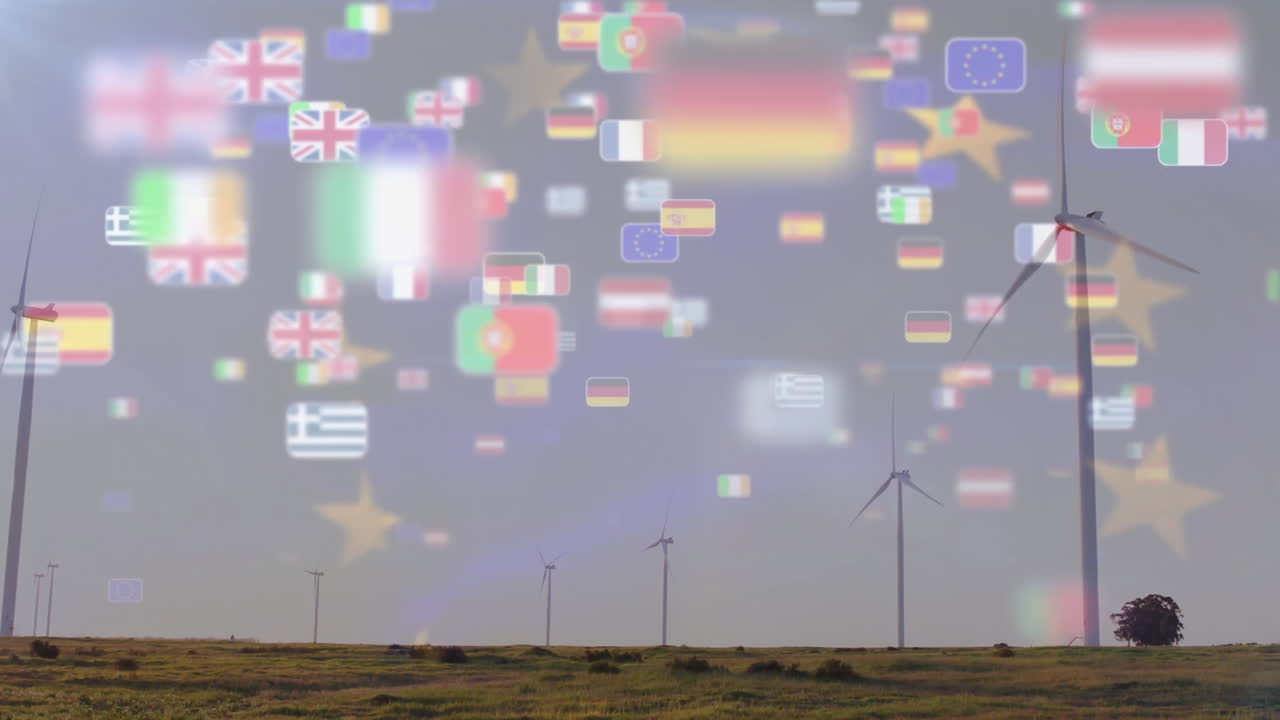 바람 터빈과 떠다니는 국제 발 애니메이션