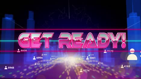 Animation-of-get-ready-text-in-metallic-pink-letters-over-cityscape-numbers-and-people-icon