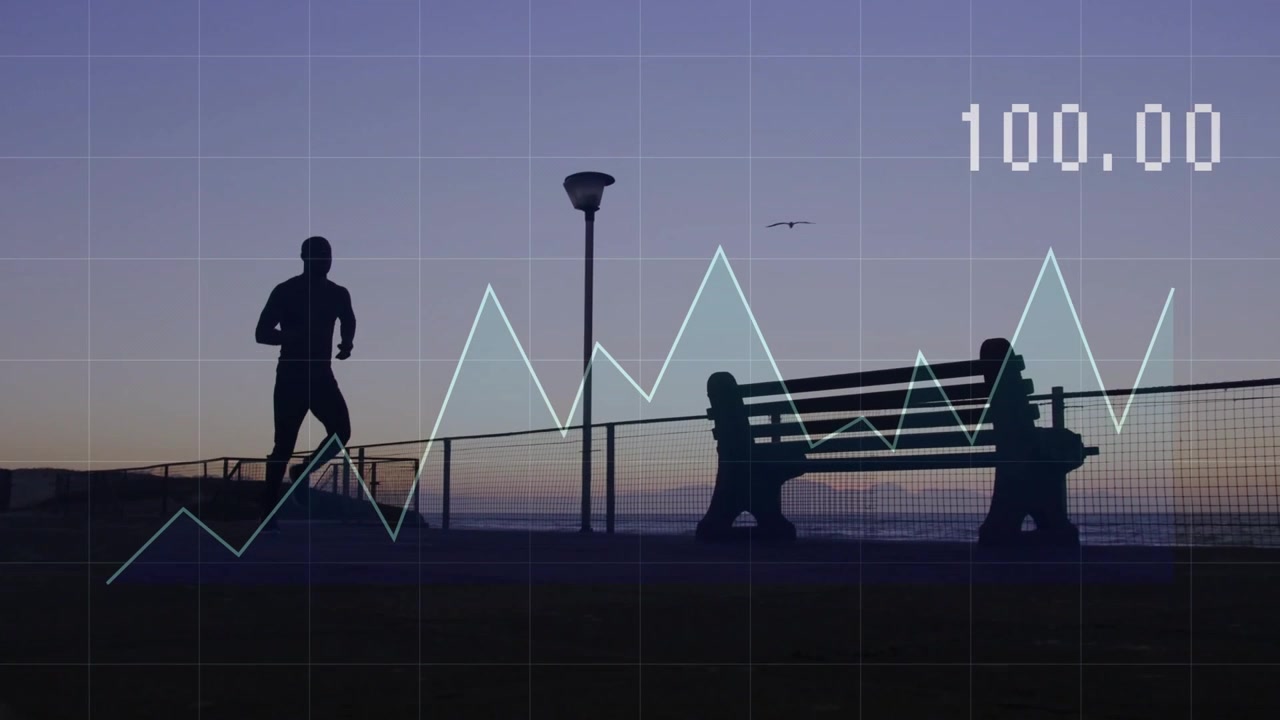 Corridore che fa jogging sul lungomare al tramonto, con una griglia di dati fitness e un grafico a linee fluttuante che misura il ritmo
