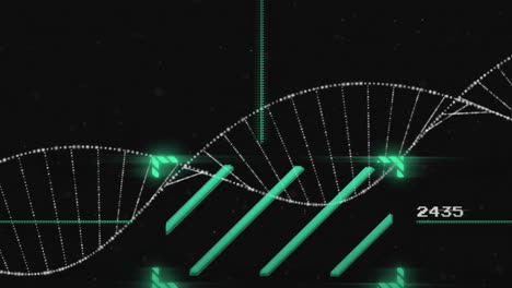 animación de la cadena de adn y procesamiento de datos sobre un fondo oscuro