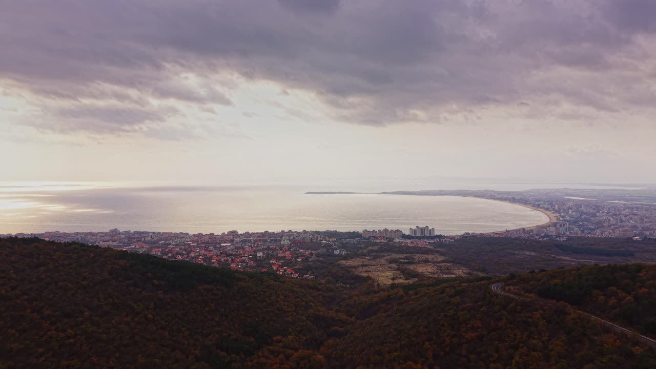 Breathtaking aerial view of the coast near Varna, Bulgaria at sunset