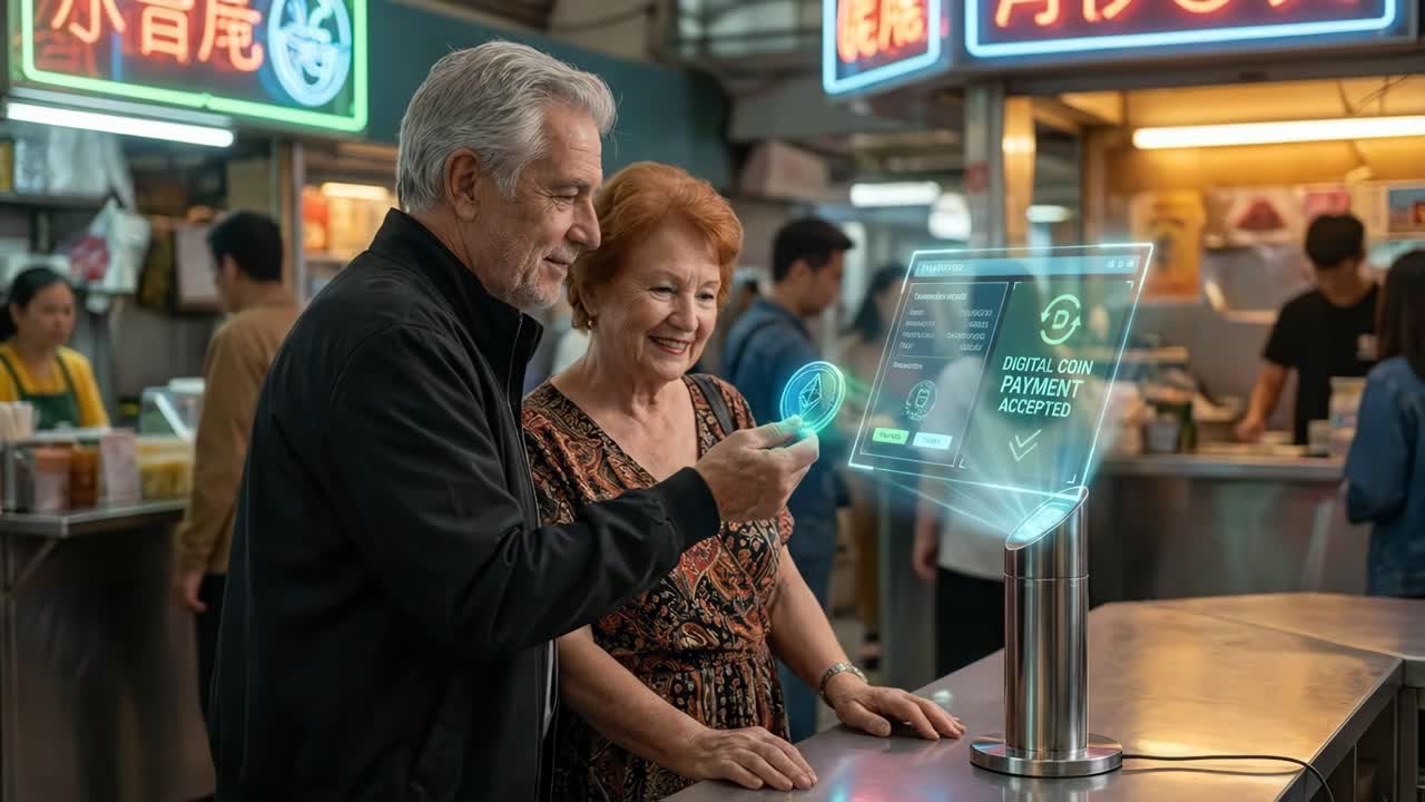 Older Couple Using Futuristic Hologram Payment System at Market
