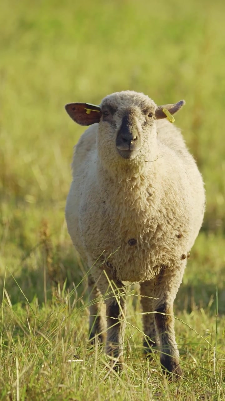 Video verticale di curiose pecore domestiche che pascolano in un prato verde soleggiato, guardando dritto verso la telecamera nella campagna rurale.