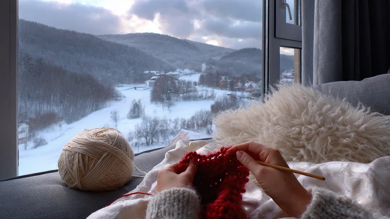 Cozy Afternoon Crafting: Enjoying the Art of Knitting with Scenic Winter Views from a Comfortable Window Seat