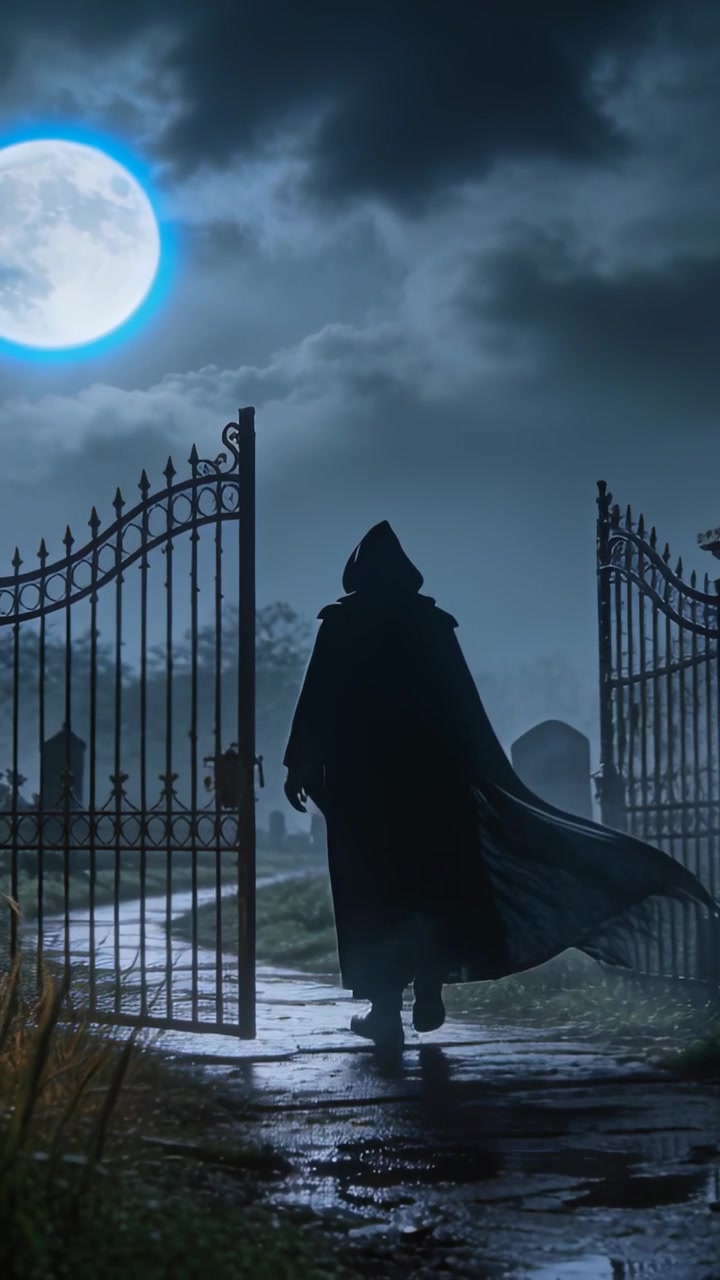 Video verticale: Toccando il chiavistello, una figura incappucciata e ammantata attraversa un cancello di ferro ed entra in un cimitero.