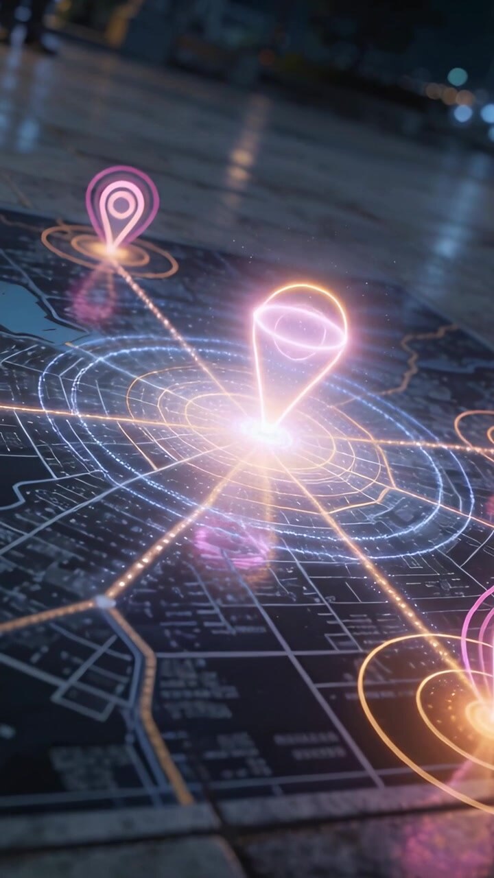 Vertical video: Brightening central pin, hologram map forming cone on wet plaza