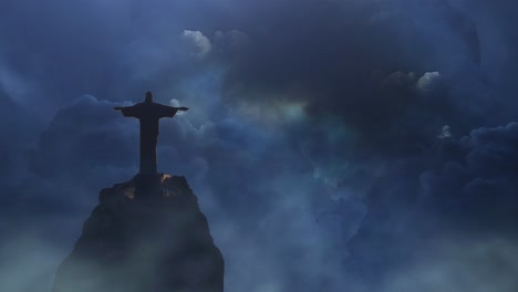 jesus statue on the mountain with thunderstorm background