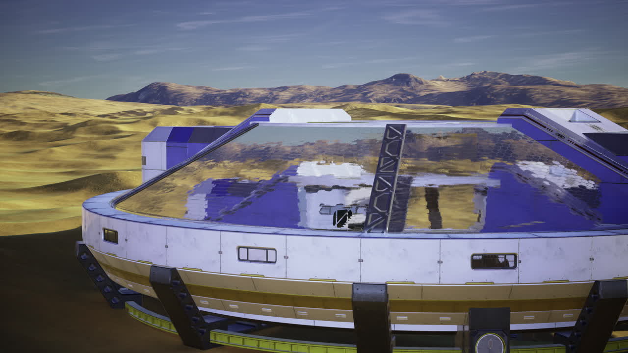 Laboratory facility on a distant planet under a clear blue sky